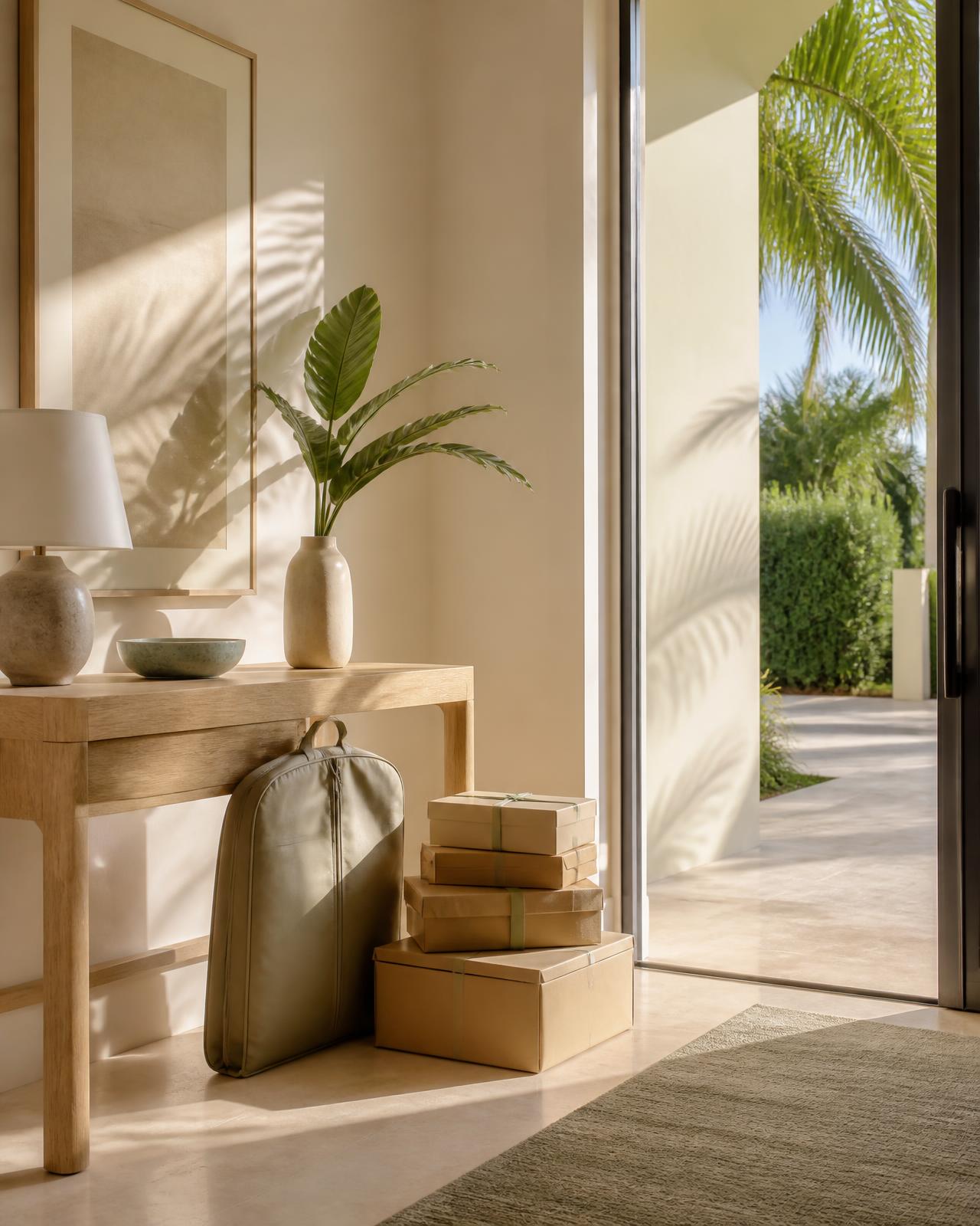 Sunlit South Florida entryway with parcels and a garment bag waiting by a console table